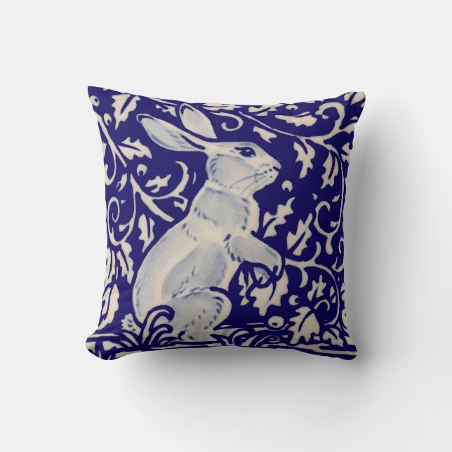 Navy Blue White Alert Rabbit Hare Chinoiserie Art Kussen (Voorkant)