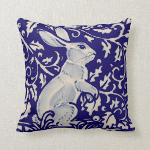 Navy Blue White Alert Rabbit Hare Chinoiserie Art Kussen