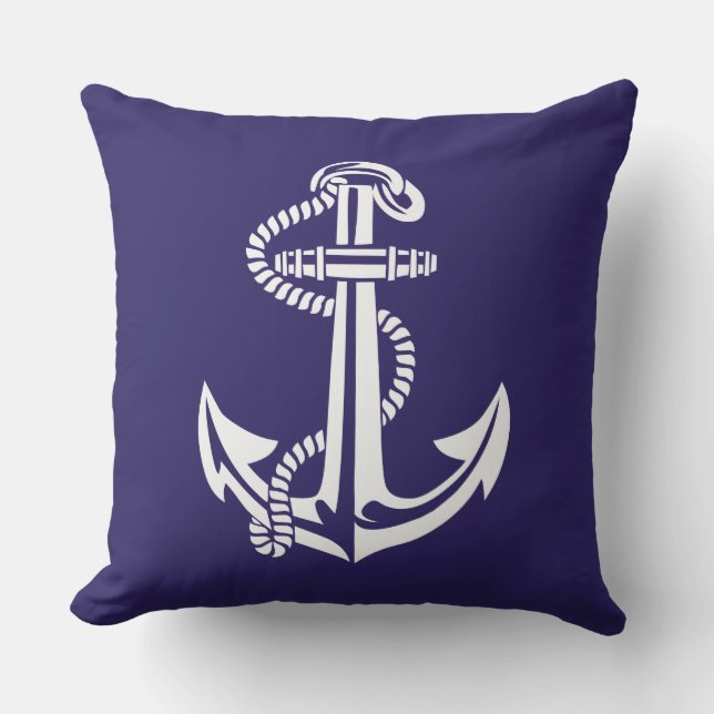 Navy Blue White Anchor Nautical Buitenkussen (Voorkant)