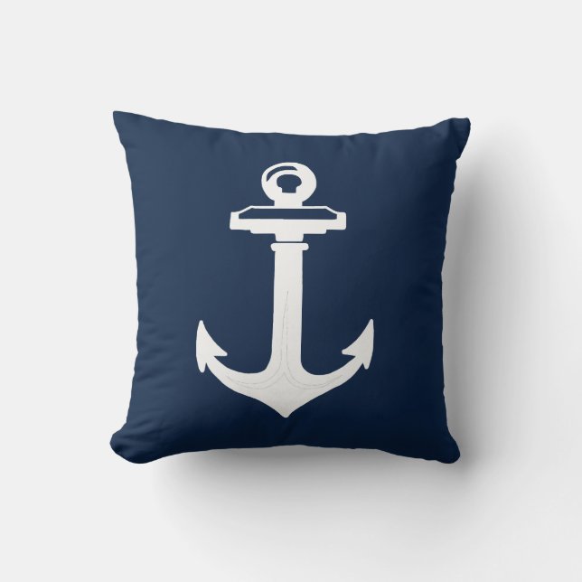Navy Blue White Anchor Nautical Sierkussen (Voorkant)