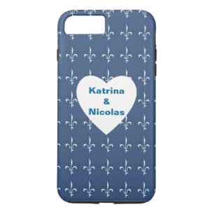 Navy Blue White Anchors Heart Pattern Monogram iPhone 8/7 Plus Hoesje