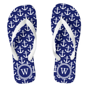 Navy Blue White Anchors Navy Rnd Initiaal Monogram Teenslippers