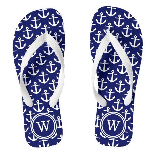 Navy Blue White Anchors Navy Rnd Initiaal Monogram Teenslippers (Voetbed)