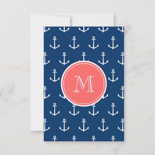 Navy Blue White Anchors Pattern Coral Monogram (Voorkant)