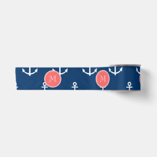 Navy Blue White Anchors Pattern Coral Monogram 2 Satijnen Lint