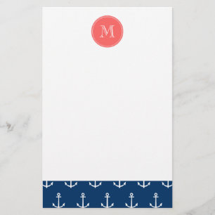 Navy Blue White Anchors Pattern Coral Monogram Briefpapier