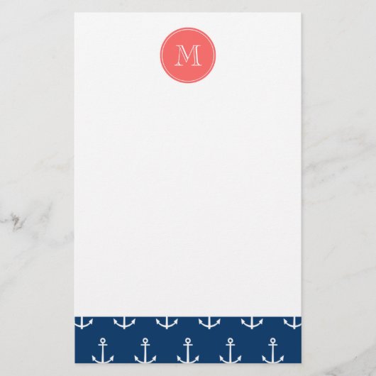 Navy Blue White Anchors Pattern Coral Monogram Briefpapier (Voorkant)