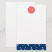 Navy Blue White Anchors Pattern Coral Monogram Briefpapier (Voorkant / Achterkant)