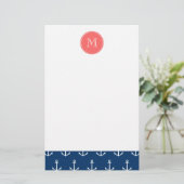 Navy Blue White Anchors Pattern Coral Monogram Briefpapier (Staand voorkant)