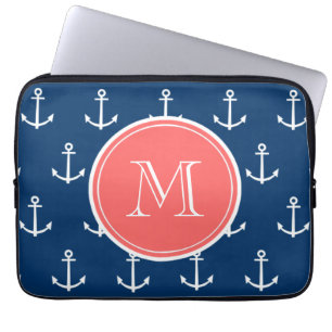 Navy Blue White Anchors Pattern Coral Monogram Laptop Sleeve