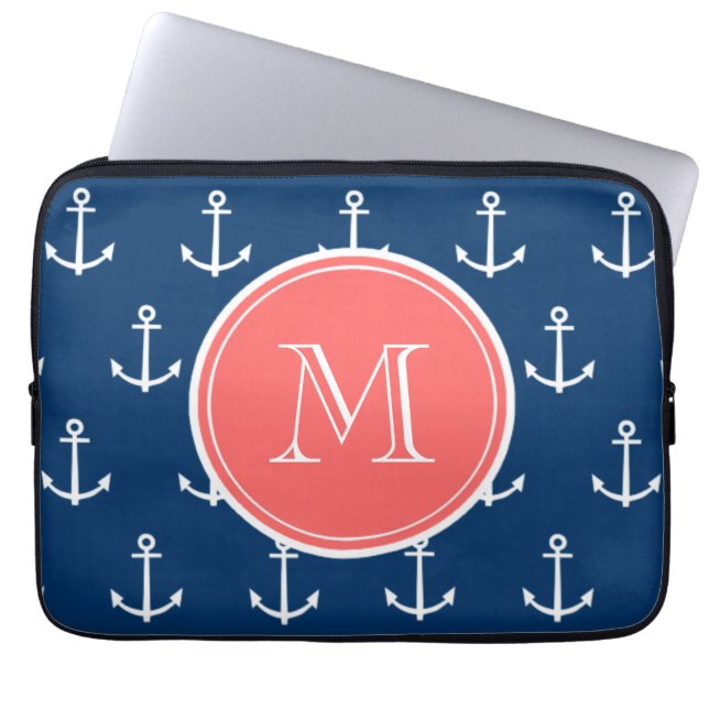 Navy Blue White Anchors Pattern Coral Monogram Laptop Sleeve (Voorkant)