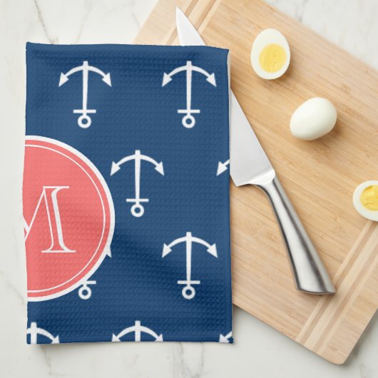 Navy Blue White Anchors Pattern Coral Monogram Theedoek (Quarter Fold)