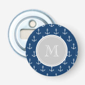 Navy Blue White Anchors Pattern, Gray Monogram Button Flesopener (Voorkant)