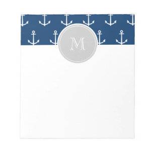 Navy Blue White Anchors Pattern, Gray Monogram Notitieblok