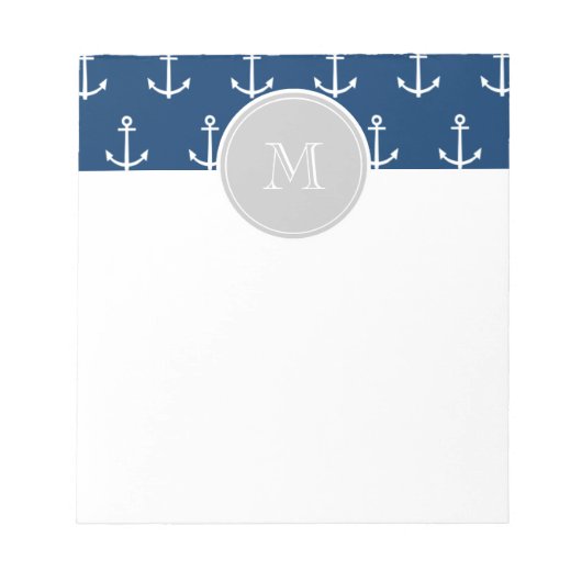 Navy Blue White Anchors Pattern, Gray Monogram Notitieblok (Voorkant)