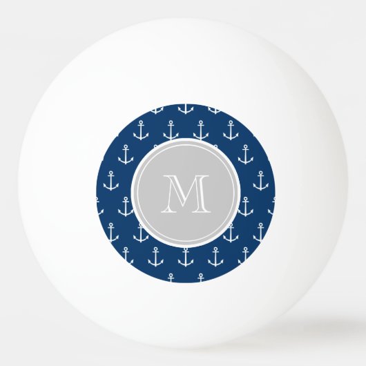 Navy Blue White Anchors Pattern, Gray Monogram Pingpongbal (Voorkant)
