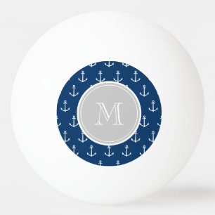 Navy Blue White Anchors Pattern, Gray Monogram Pingpongbal
