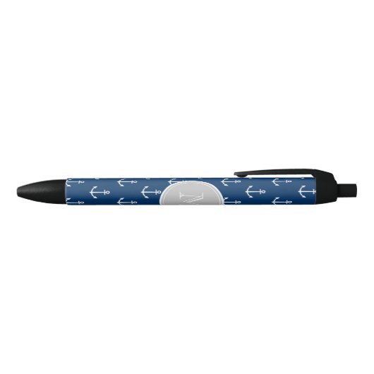 Navy Blue White Anchors Pattern, Gray Monogram Zwarte Inkt Pen (Bovenkant)
