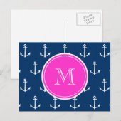 Navy Blue White Anchors Pattern, Hot Pink Monogram Briefkaart (Voorkant / Achterkant)