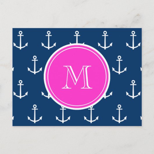 Navy Blue White Anchors Pattern, Hot Pink Monogram Briefkaart (Voorkant)