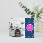 Navy Blue White Anchors Pattern, Hot Pink Monogram Briefkaart (Staand voorkant)