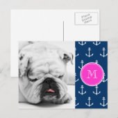 Navy Blue White Anchors Pattern, Hot Pink Monogram Briefkaart (Voorkant / Achterkant)