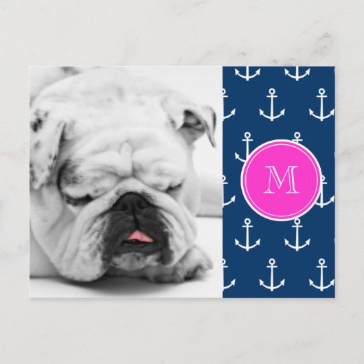 Navy Blue White Anchors Pattern, Hot Pink Monogram Briefkaart (Voorkant)