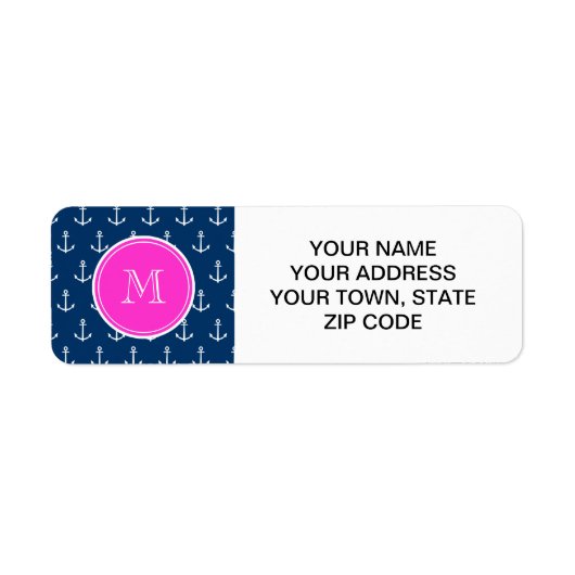 Navy Blue White Anchors Pattern, Hot Pink Monogram Etiket (Voorkant)