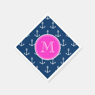 Navy Blue White Anchors Pattern, Hot Pink Monogram Servet