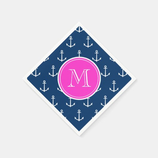 Navy Blue White Anchors Pattern, Hot Pink Monogram Servet (Hoek)