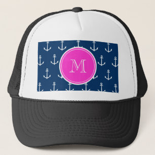 Navy Blue White Anchors Pattern, Hot Pink Monogram Trucker Pet