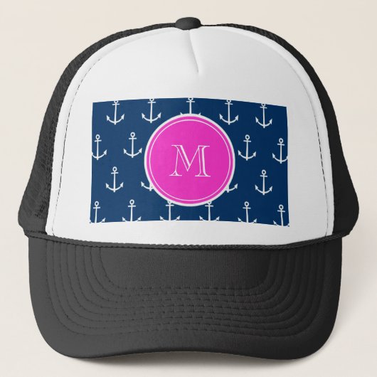 Navy Blue White Anchors Pattern, Hot Pink Monogram Trucker Pet (Voorkant)