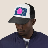Navy Blue White Anchors Pattern, Hot Pink Monogram Trucker Pet (In situ)