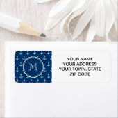 Navy Blue White Anchors Pattern, jouw Monogram Etiket (Insitu)