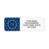Navy Blue White Anchors Pattern, jouw Monogram Etiket (Voorkant)