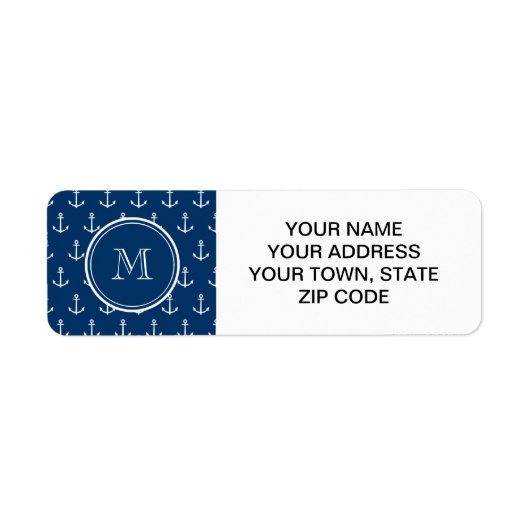 Navy Blue White Anchors Pattern, jouw Monogram Etiket (Voorkant)