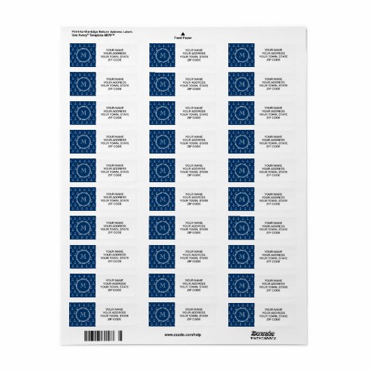 Navy Blue White Anchors Pattern, jouw Monogram Etiket (Full Sheet)
