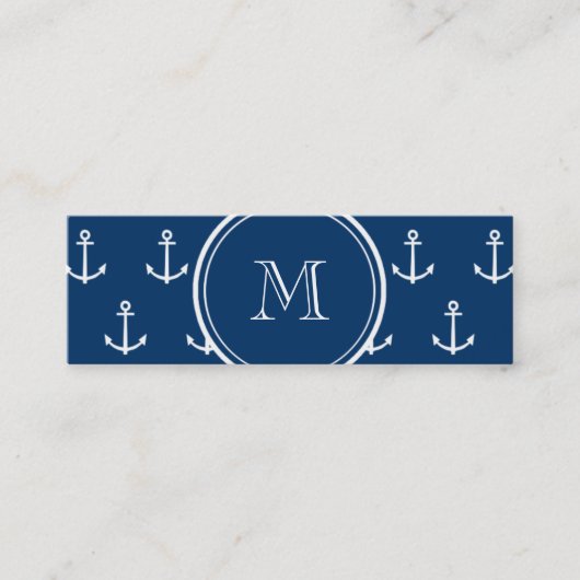 Navy Blue White Anchors Pattern, jouw Monogram Mini Visitekaartje (Voorkant)