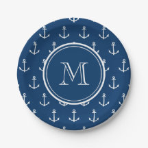 Navy Blue White Anchors Pattern, jouw Monogram