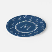 Navy Blue White Anchors Pattern, jouw Monogram Papieren Bordje (Gekanteld)