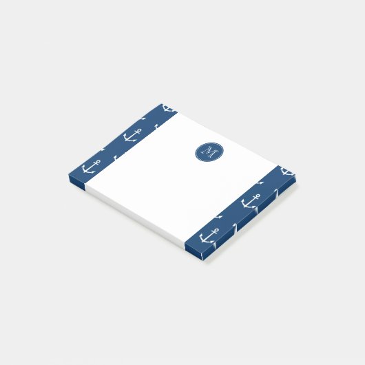 Navy Blue White Anchors Pattern, jouw Monogram Post-it® Notes (Schuin)