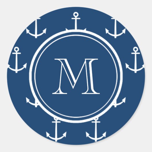 Navy Blue White Anchors Pattern, jouw Monogram Ronde Sticker (Voorkant)
