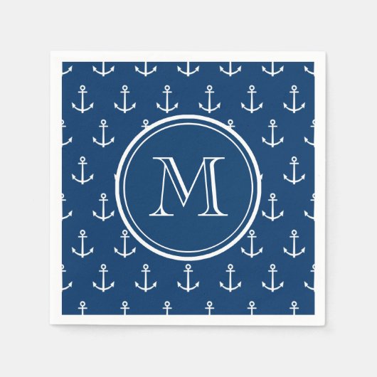 Navy Blue White Anchors Pattern, jouw Monogram Servet (Voorkant)