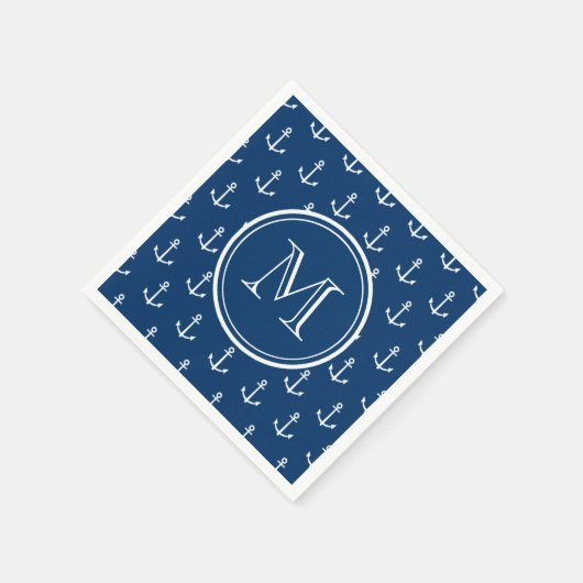 Navy Blue White Anchors Pattern, jouw Monogram Servet (Hoek)