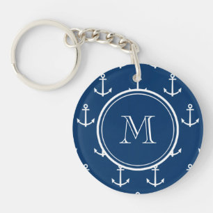 Navy Blue White Anchors Pattern, jouw Monogram Sleutelhanger