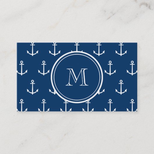 Navy Blue White Anchors Pattern, jouw Monogram Visitekaartje (Voorkant)