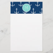 Navy Blue White Anchors Pattern, Mint Green Monogr Briefpapier (Voorkant)