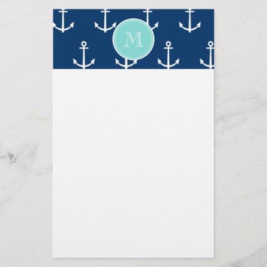 Navy Blue White Anchors Pattern, Mint Green Monogr Briefpapier (Voorkant)