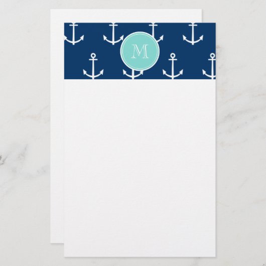 Navy Blue White Anchors Pattern, Mint Green Monogr Briefpapier (Voorkant / Achterkant)