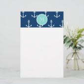 Navy Blue White Anchors Pattern, Mint Green Monogr Briefpapier (Staand voorkant)